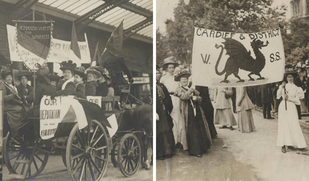 L-R: Women's Freedom League, Cardiff branch; Suffragette Grand March, London 1918
